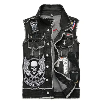 

Fashion Streetwear Men Vest Black Punk Style Skull Embroidery Designer Sleeveless Denim Biker Jackets Men Patch Hip Hop Vest Men