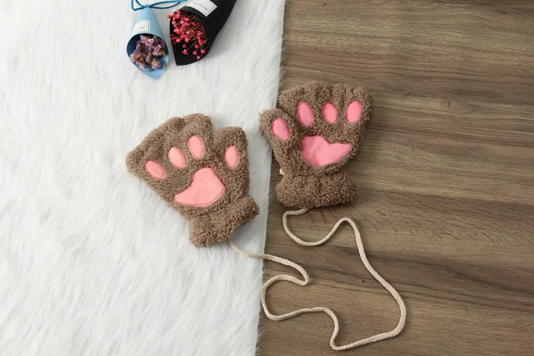 Теплые мягкие плюшевые Короткие перчатки без пальцев пушистый медведь кошка перчатки женские милые кошачья лапа с когтями плюшевые варежки костюм