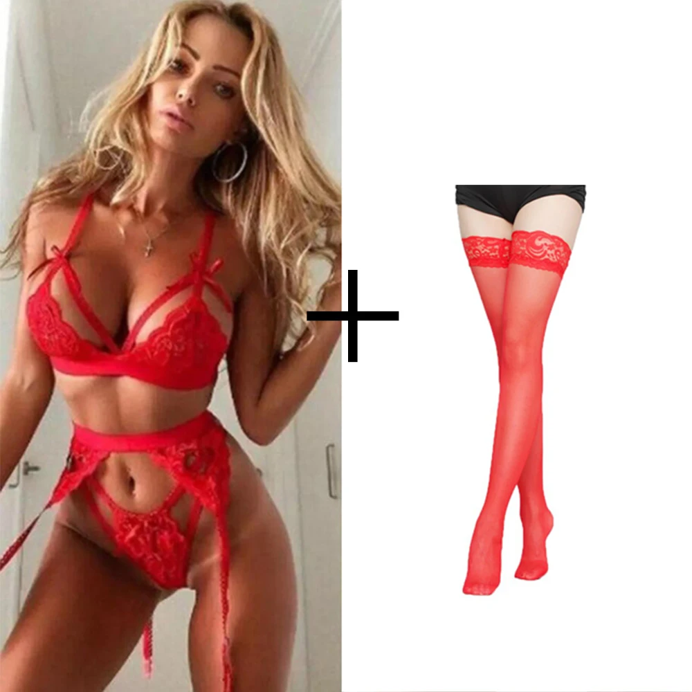 Women Sexy Lace Underwear Transparent Lace Bra + Thong + Garter Belt Stocking Sexy Bra Party Erotic Exotic Set 4 Pieces/set