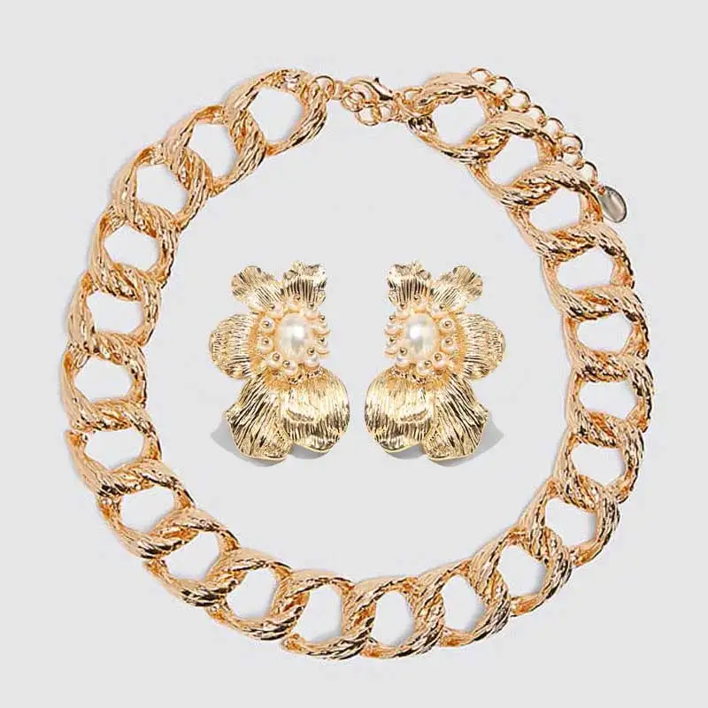 Flatfoosie ZA золотые комплекты украшений для женщин Макси сплав ожерелье цветок кристалл эффектные Серьги Свадебная вечеринка ювелирные изделия - Окраска металла: 112