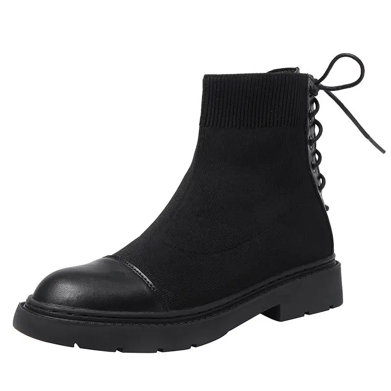 

Lace-up Low Heeled Socks Elastic Boots Women Chunky Heel Spring Autumn Ankle Boots stretch Shoes Female Good Quality 2020