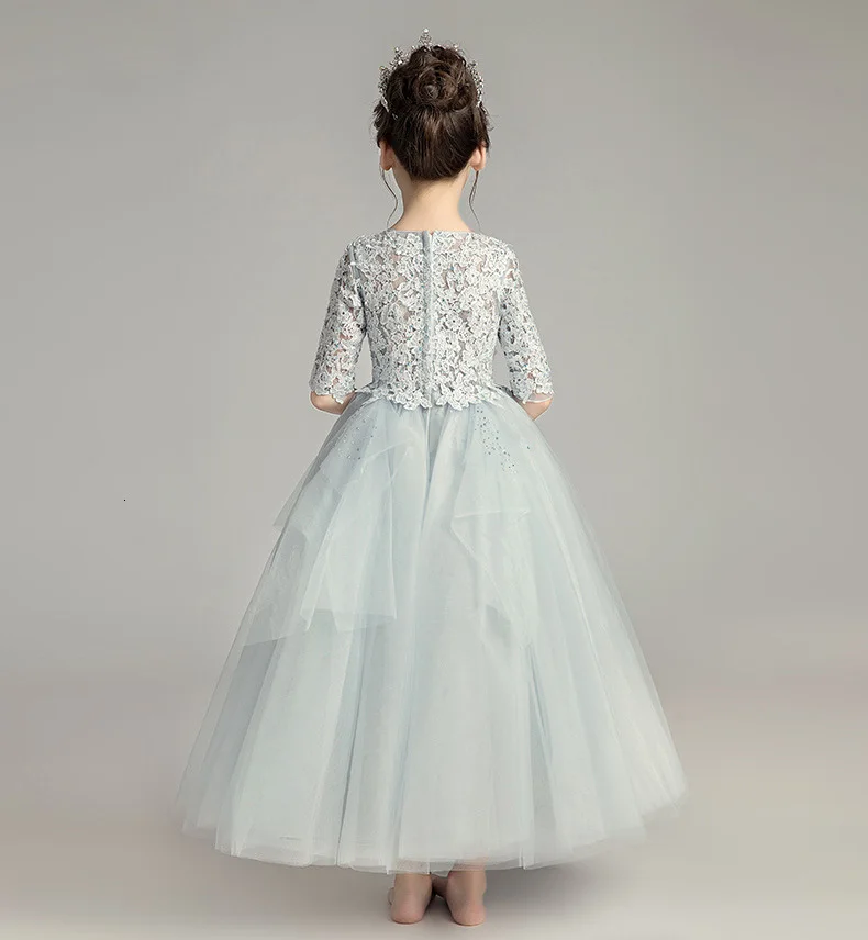 Lace Tulle Ball Gown Princess Pageant Gowns For Girls 219 Rhinestone Grey Flower Girl Dresses For Wedding