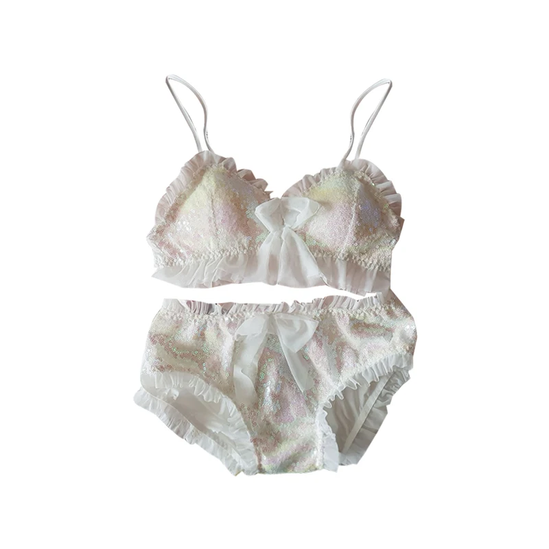 Sets Dreamy/комплект из бюстгальтера и трусиков с блестками для девочек-подростков; романтическое платье принцессы русалки с сердечками; комплект нижнего белья из пряжи с рюшами для молодых девушек в консервативном стиле - Цвет: Sets