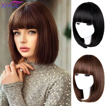

XIYUE Bob Wigs with Bangs Synthetic Short Straight Wig for Black Women Mixed Brown Ash Gray Heat Resistant bobo Cosplay wig