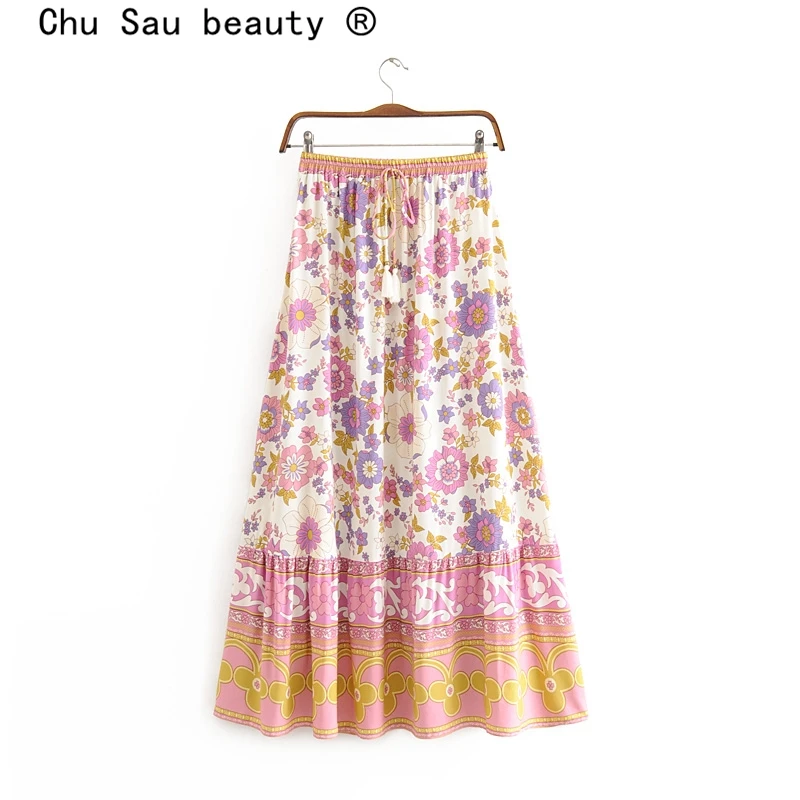 Chu Sau beauty, новая мода, бохо, цветочный принт, длинные юбки, для женщин, праздник, шик, кисточка, пояс, юбка миди, женская летняя пляжная одежда