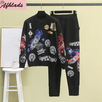 

Autumn And Winter Plus Size Loose Women Two-Piece Printed Beaded Knitted Sweater Tops + Fashion Pants Female Two-Piece Sets