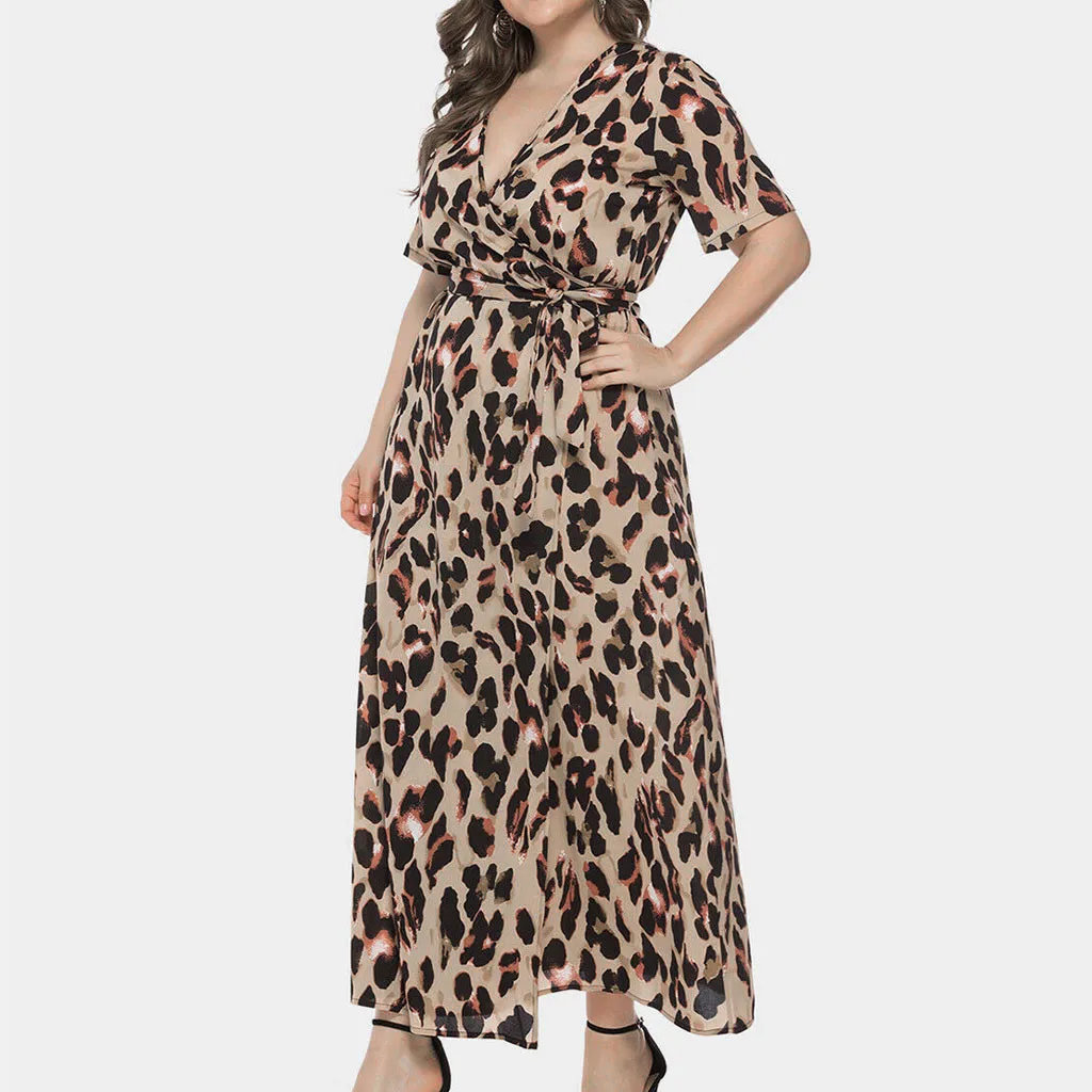 

Women Sexy Dress Summer Party Night Plus Size Leopard Dress Streetwear Short Sleeve New Shelves V-Neck Dress Woman vestido