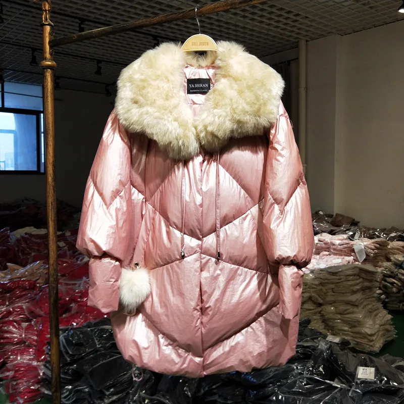 

Imitation Fox Fur Collar Cotton Padded Winter Jacket Women Bright Face Cotton Padded Clothes Winter Loose Long Coat Pink