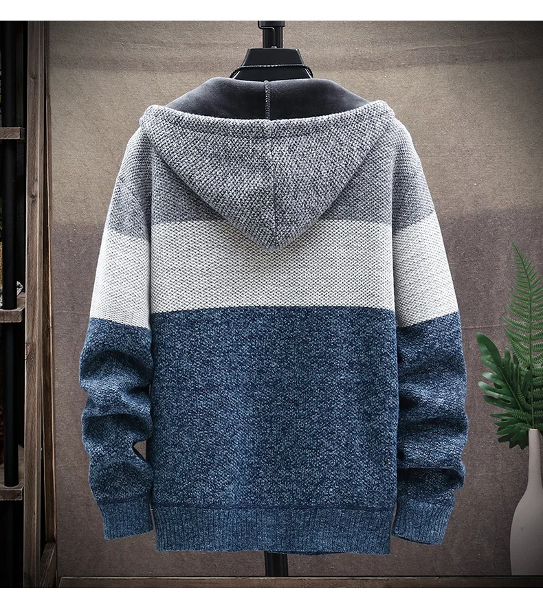 Men's hooded jumper casual sweater coat fleece artificial fur wool sweater autumn/winter warm loose cardigan jacket v neck sweater men