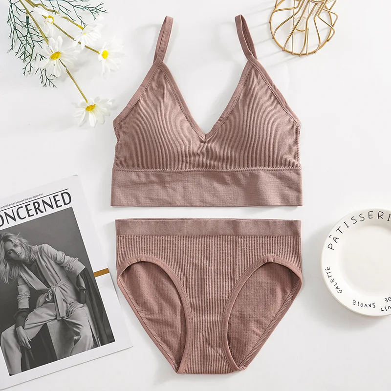 CHRLEISURE Solid Underwear Set Female U Type Backless Women's Set Wireless Sports Women's Bralette Underwear Suit bra and thong set