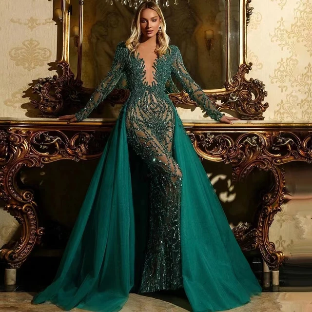 Vestidos Elegantes de lujo con cola para mujer, vestidos de sirena con cuello en V profundo, color verde, para y Noche - AliExpress Mobile