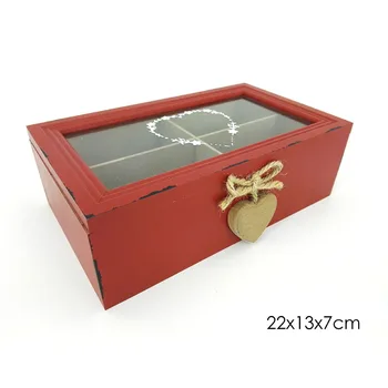 

Wooden case and glass top decorated in network for save bags infusions with four departments 22x13x7