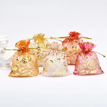 

50pcs Pink Rose Pattern Organza Bags Jewelry Packaging Bags Wedding Party Decoration Drawable Bags Gift Pouches 7x9/9x12cm