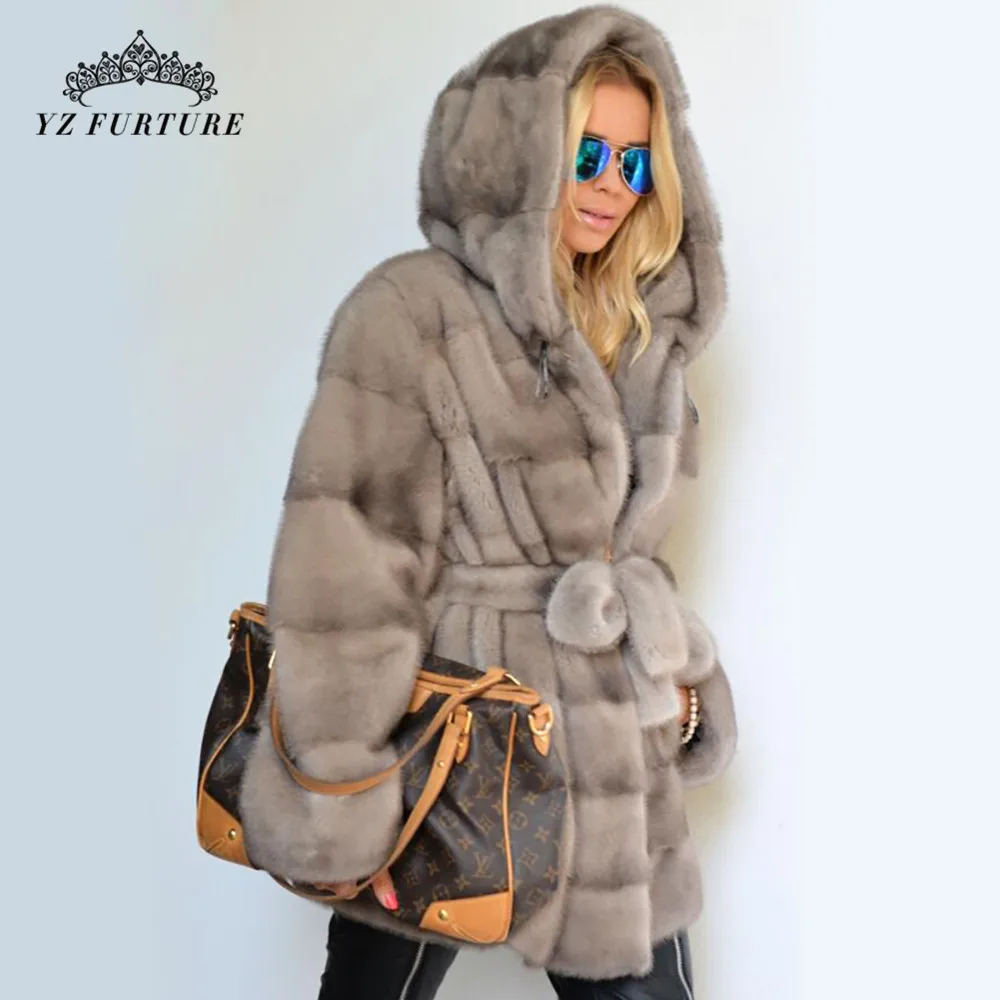 New Winter Real Mink Fur coffee Coats Jacket With hood Women Genuine Full Pelt Winter Warm Elegant Female Jacket