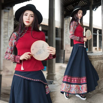 

Large ethnic style bottoming shirt women's 2018 autumn and winter Chinese style high neck print splicing Long Sleeve T-Shirt Top