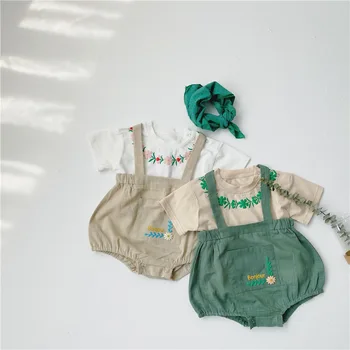 

3733 Korean Baby's Fresh Short Sleeve Top Embroidery Girls T Shirt And Belt Pants Two Piece Set Overall Jumpsuit For Kids