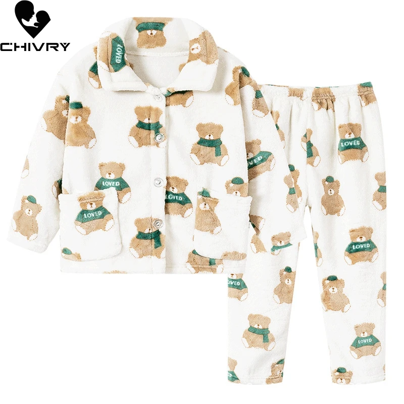 

New Kids Boys Girls Autumn Winter Flannel Pajama Sets Cartoon Print Long Sleeve Lapel Tops with Pants Sleeping Clothing Sets