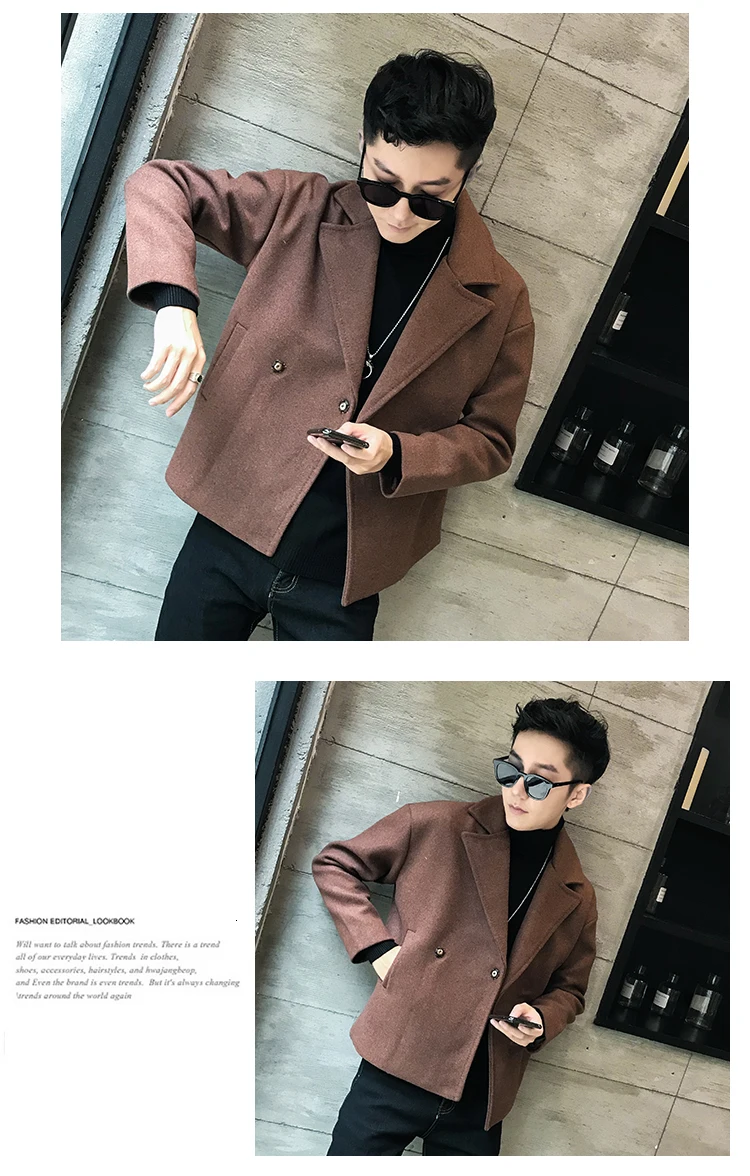 Short Woolen Coat Men's Slim Fashion Solid Color Casual Woolen Jacket Men Streetwear British Wind Woolen Coat Male Overcoat