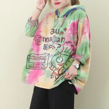

Tie Dye Cartoon Print Pattern Hoodies Loose Zippers Patchwork Full Sleeve 2020 Spring Autumn Europe New Hoodies SA485S50