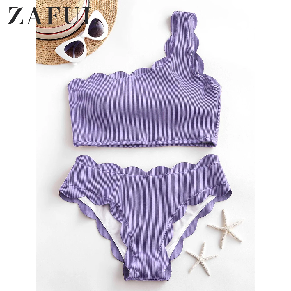 ZAFUL Women Textured Ribbed Scalloped One Shoulder Tankini Swimsuit Solid Color Elegant Swimwear Two Piece Bathing Suits 2020|Bikini Set|   - AliExpress