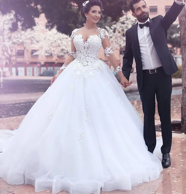 Бальное платье из тюля с кружевной аппликацией с длинным рукавом Vestidos De Novia, платье со шлейфом для матери невесты