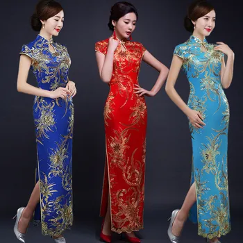 

Plus Size 4XL Chinese Style Bride Wedding Dress Women Flower Sequined Cheongsam Vestidos Slim Satin Qipao Stage Show Gown