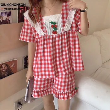 

Kawaii Cherry Appliques Lace Patchwork Frilly Plaid Women Pigama Set 2 Piece Soft Girls Homewear Summer Pajama Shorts Set