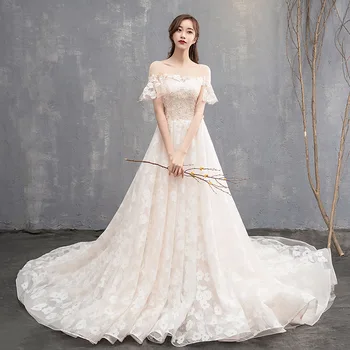 

Mrs Win Wedding Dress Elegant Boat Neck Sweep Train Lace Up A-line Off The Shoulder Princess Wedding Gowns Vestido De Noiva