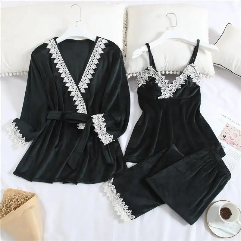 Women Autumn Winter Flannel Warm Sleepwear Suits Patchwork White Lace Simple Pajama Sets