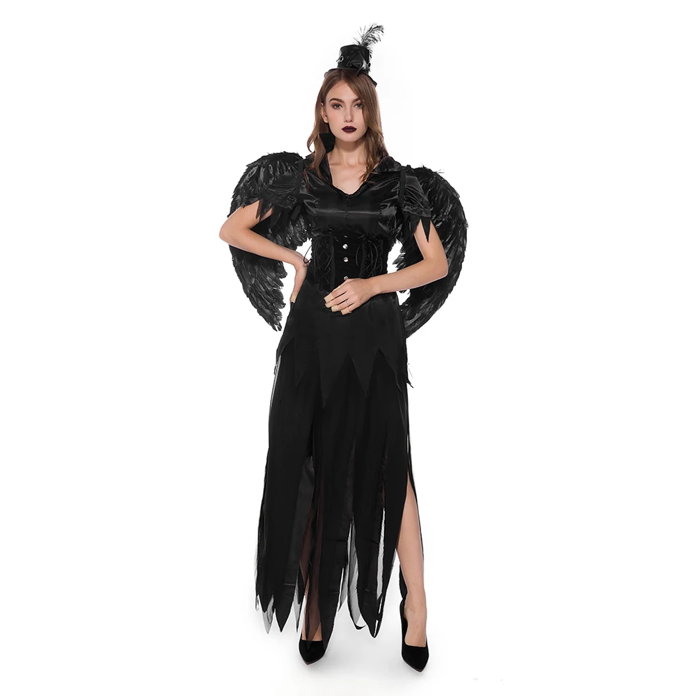 4 шт. взрослый черный павший Ангел костюм дьявола Королева вампиров Косплей Темный дьявол женщин Хэллоуин нарядное платье наряд