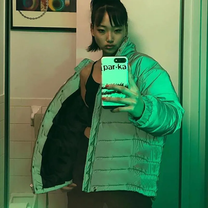 Promo  Winter Women warm Jacket Casual Hip Hop Windbreaker Reflective Jacket Tide Brand Women thick Coat F