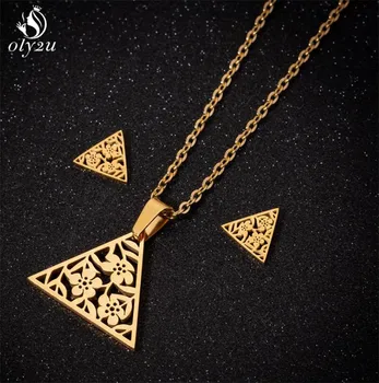 

Oly2u Gold Geometric Necklace Earrings Jewelry Sets for Women Vintage Tibetan Flower Triangle Pendant Long Necklaces collar