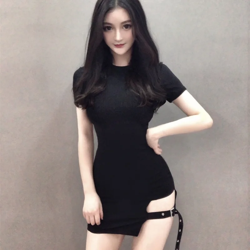 

Women's Summer New Style Online Celebrity Female Anchor Live Photogenic-Short Sleeve Sheath Tight-Fit Crew Neck Slit Dress