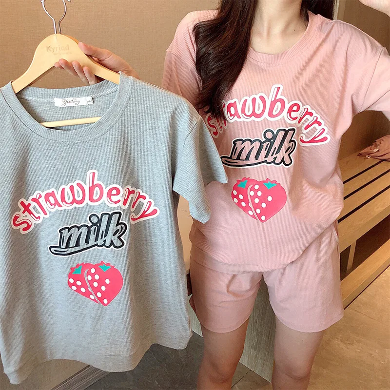 

New Style Viscose Pajamas Women's Sunken Stripe Double Short Outer Wear Set Summer Hipster Strawberry Casual Best Friend Home We