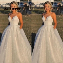 Simple Shiny Plus Size A Line Wedding Dress Bridal Gowns Spaghetti V-Neck Sweep Train Country Style With Pockets Formal Dress