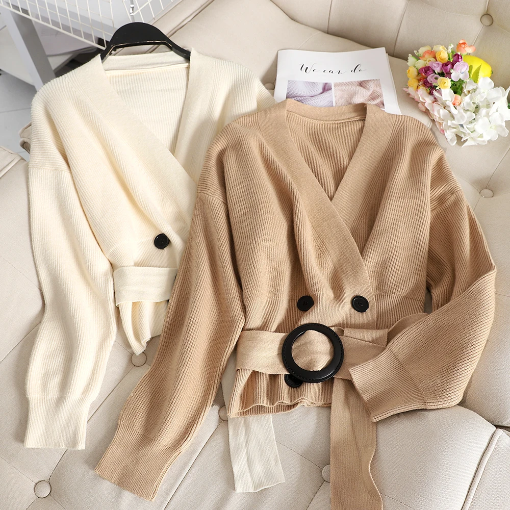 Autumn Women Sweater Korean New Fashion Grey/Beige/Khaki Cardigans With Belt Elegant Long Sleeve V-neck Knit Blouse Female