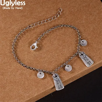 

Uglyless Magical Chinese Be Rich Medals Bracelets for Women Rectangle Round Charms Bracelets 925 Thai Silver Thin Chains Jewelry