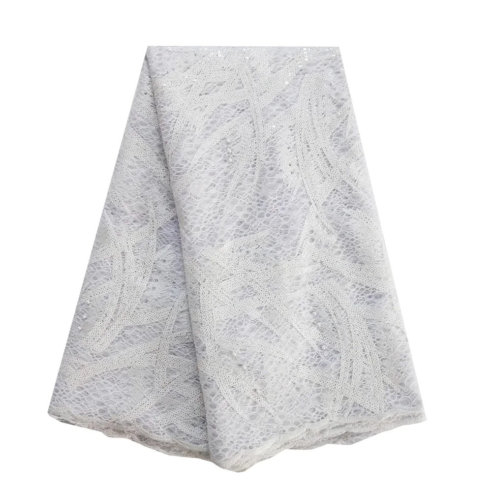 

New arrival african white lace fabric high quality lace 2019 embroidery cord lace fabric beaded sequin net lace fabrics 5 yards