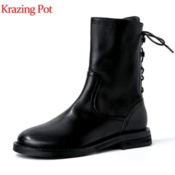 

Krazing pot genuine leather round toe low heels back lace up decoration British school young lady neutral motorcycle boots l21