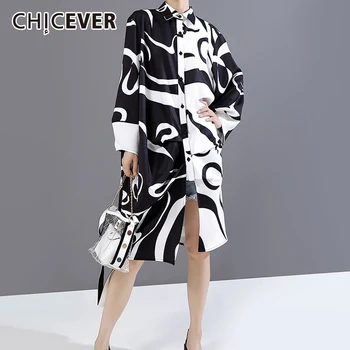 

CHICEVER Korean Dress For Women Lapel Striped Hit Color Loose Oversized A Line Knee Length Dresses Female 2020 Fashion Clothing