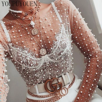 

Mesh Transparent Blouses Women 2019 Sexy See Through Top Woman Fashion Pearl Long Sleeve Blouse Shirts Sheer Ladies Summer Tops