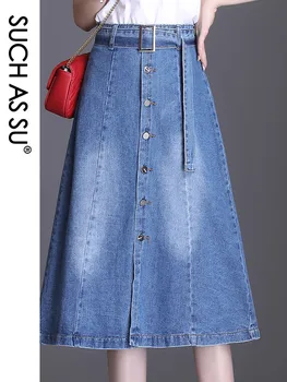 

SUCH AS SU New Korean 2020 Button Denim Skirts Blue Slim High Waist A-Line Skirt Mid-Calf Size S-XXXL Women Jean Skir