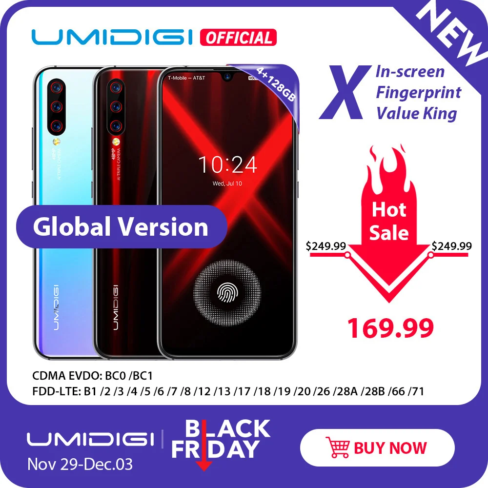 Глобальная версия UMIDIGI X In-screen Fingerprint 6,3" AMOLED 48MP Тройная задняя камера 128GB NFC Helio P60 4150mAh мобильный телефон