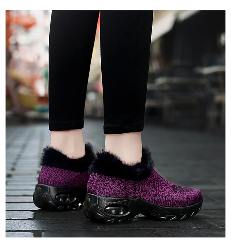 Winter Sneakers Womens Shoes Flats Platform Boots Plush Warm Walking Boots Flyknit Footwear Female Wedge Shoes Big Size 42