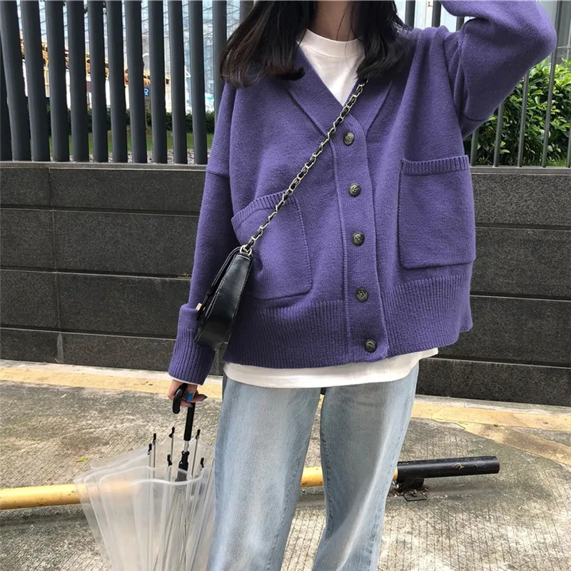 Harajuku sueter mujer осень Осень Зима Винтаж корейский v-образным вырезом женский топ длинный рукав негабаритный вязаный кардиган свитер