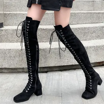 

Womens Cow Leather Chunky High Heels Stretchy Over The Knee High Military Boots Lace Up Square Toe Winter Platform Pumps Shoes