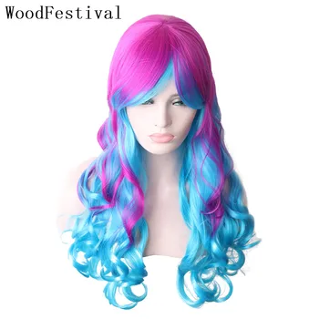 

WoodFestival Anime Cosplay Wig with bangs Synthetic Wigs Women Long Curly Hair Multicolor Rainbow Ombre Purple Blue Pink Colored