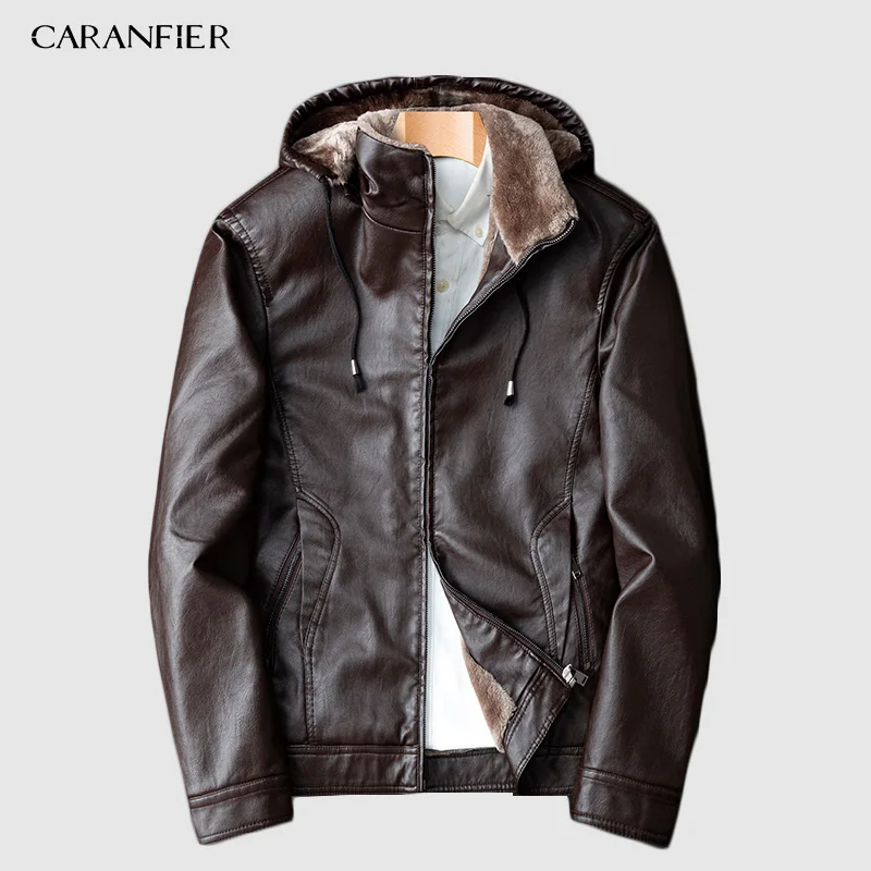 Brown CARANFIER зимние мужские кожаные куртки теплые пальто Плюс Толстая Верхняя одежда Байкерская мотоциклетная Мужская классическая Куртка с капюшоном из искусственной кожи ветрозащитная - Цвет: Brown