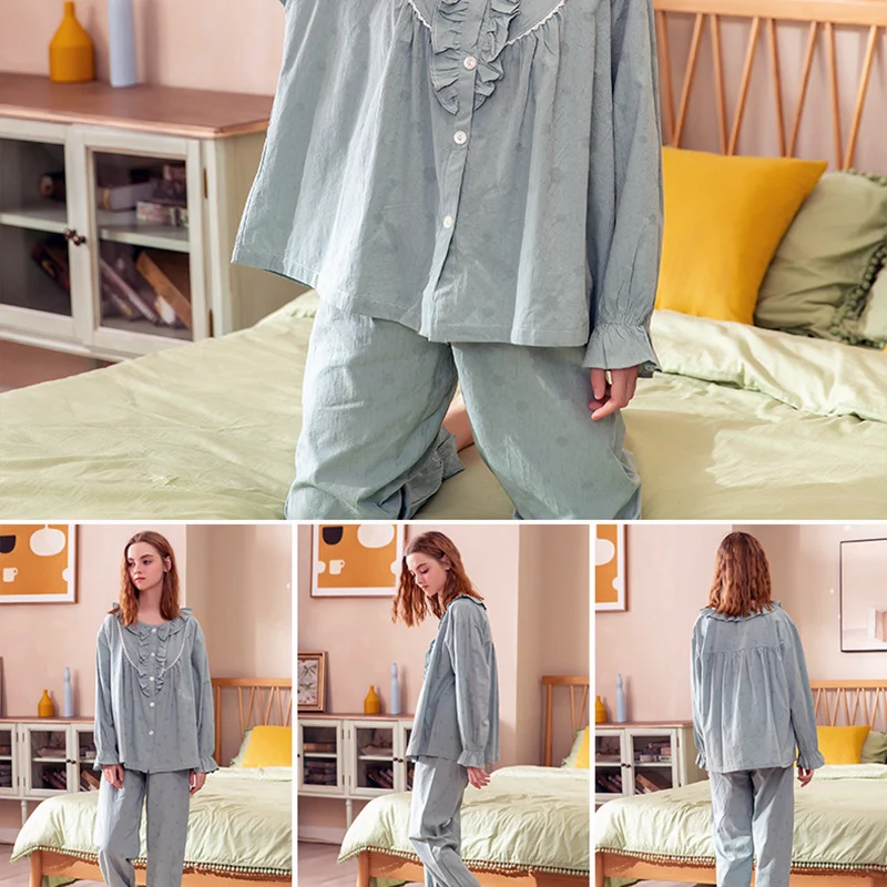 2Piece/Set Pajamas Set Women Cotton Cute Dot Sweet Princess Lace Pyjamas with Pants Full Sleeve Sleepwear Loose Female Nightsuit