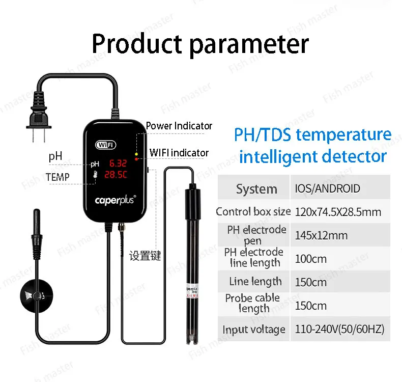 110-240V Caperplus Aquarium Q2 PH Temperature TDS 3 in 1 Intelligence Monitor Detector WIFI APP PH Digital Monitor Fish Tanks water quality meter